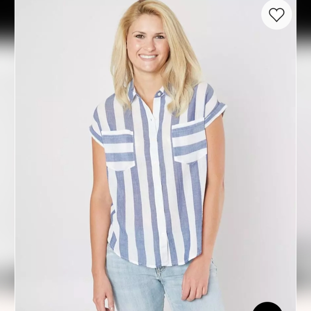 Lucky Brand Womens Hi-Low Striped Top Blue Split Back Pockets Boxy size Small